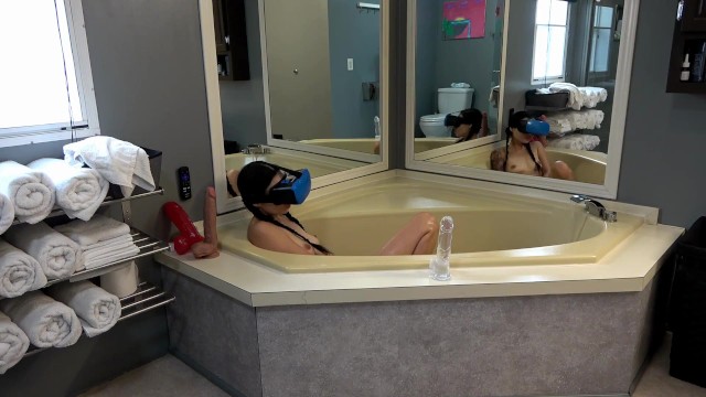 Private Video Of Tiny Brunette Masturbating With Big Dildos And VR In Bathtub With Large Mirrors