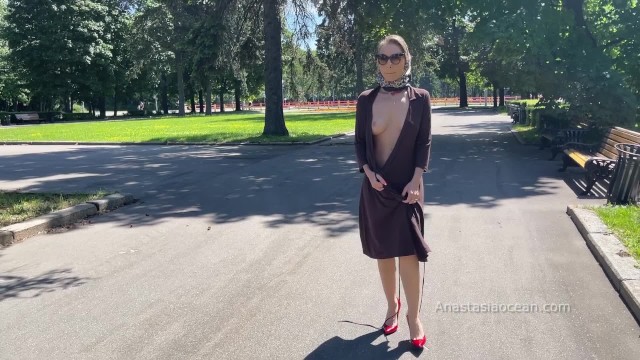 Stylish Lady Walks Naked In Park. Public.