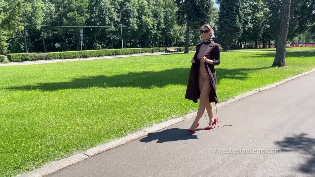 Stylish Lady Walks Naked In Park. Public.